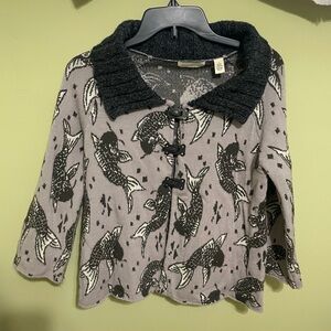 Anthropologie Black and Gray Koi Fish Pattern Cardigan